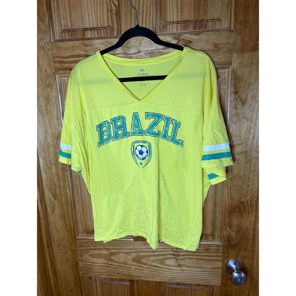 Brazil Soccer Graphic Tee Yellow V-Neck Mesh Jersey Top XL Womens